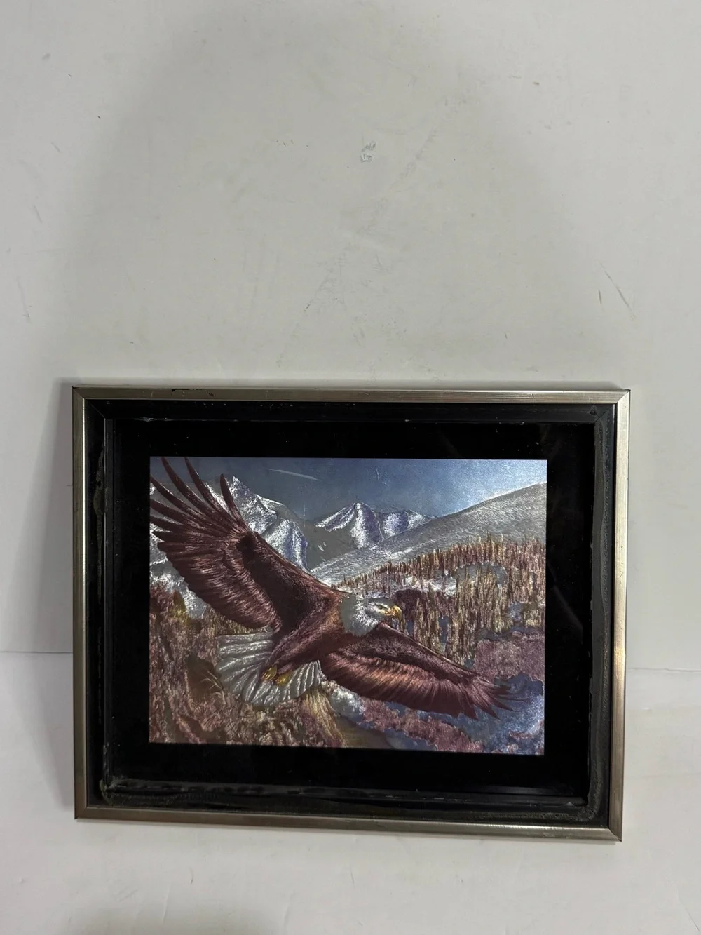 Vintage Framed Soaring Bald Eagle Foil Metallic Art Mountain Scene